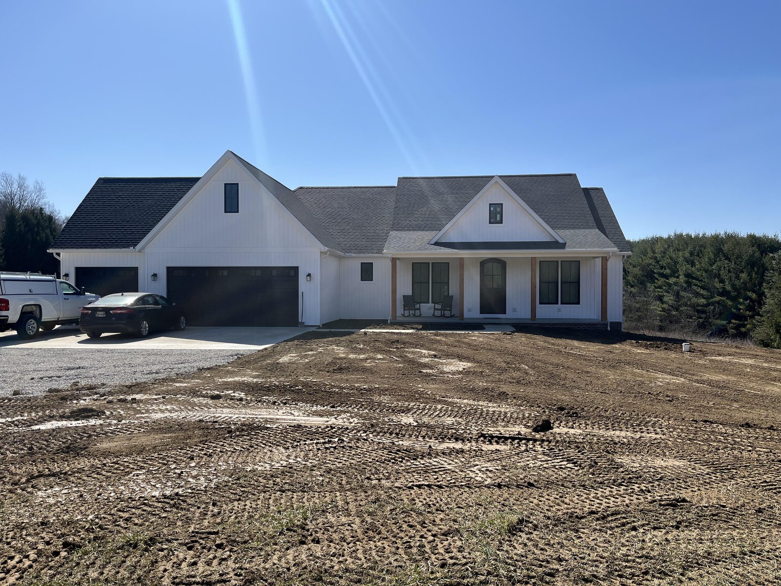 Modern white farmhouse with board-and-batten siding